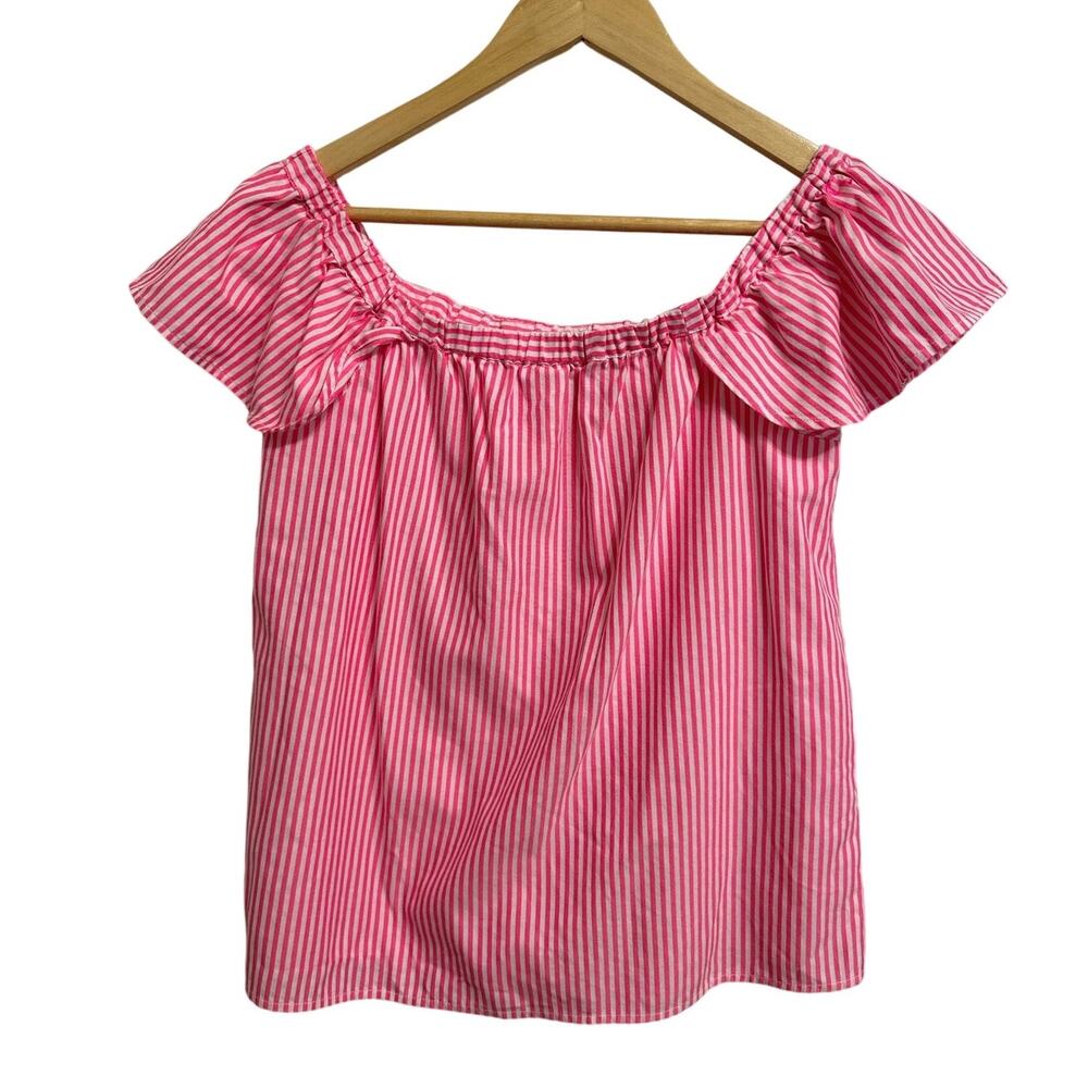 Vineyard Vines oxford‎ stripe off shoulder top bright coral size Small